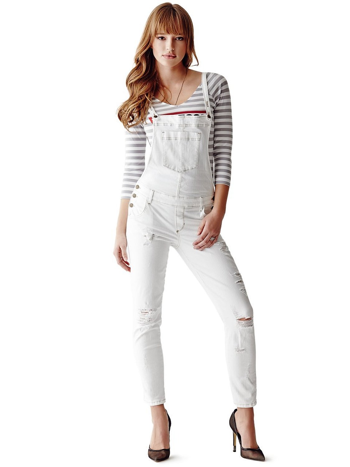 GUESS Women's Carlie Slim-Fit Overalls in True White Destroy Wash